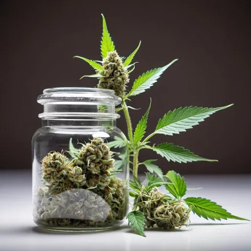 Prompt: Medical Marijuana flower and a medical jar.