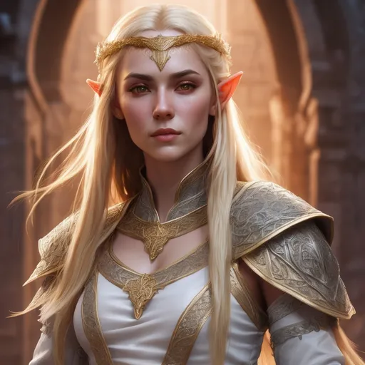 Prompt: RPG fantasy character, (half-elf half-human female), (long flowing blonde hair), wearing (intricate chainmail), (white with gold trim), featuring (detailed embroidery of Pelor's light on the chest), (lightly dusted freckles across her nose), (vibrant color scheme), (epic fantasy art), (dynamic pose), (highly detailed), (immersive game environment), (HD).