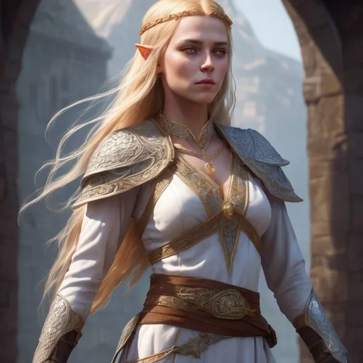 Prompt: RPG fantasy character, (half-elf half-human female), (long flowing blonde hair), wearing (intricate chainmail), (white with gold trim), featuring (detailed embroidery of Pelor's light on the chest), (lightly dusted freckles across her nose), (vibrant color scheme), (epic fantasy art), (dynamic pose), (highly detailed), (immersive game environment), (HD).