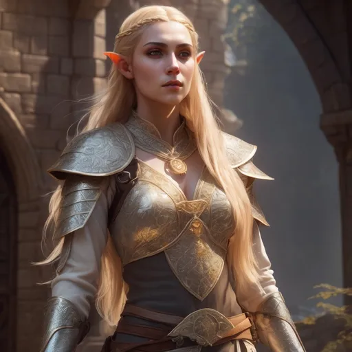 Prompt: RPG fantasy character, (half-elf half-human female), (long flowing blonde hair), wearing (intricate chainmail), (white with gold trim), featuring (detailed embroidery of Pelor's light on the chest), (lightly dusted freckles across her nose), (vibrant color scheme), (epic fantasy art), (dynamic pose), (highly detailed), (immersive game environment), (HD).