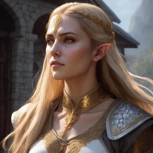 Prompt: RPG fantasy character, (half-elf half-human female), (long flowing blonde hair), wearing (intricate chainmail), (white with gold trim), featuring (detailed embroidery of Pelor's light on the chest), (lightly dusted freckles across her nose), (vibrant color scheme), (epic fantasy art), (dynamic pose), (highly detailed), (immersive game environment), (HD).