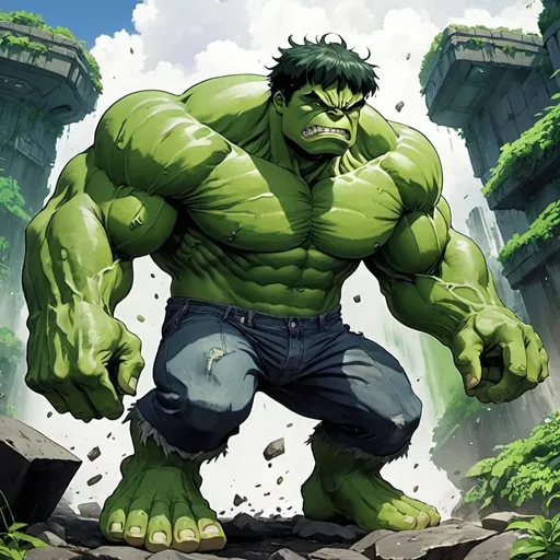 Prompt: 2d ghibli style anime, hulk