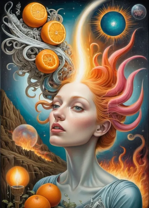 Prompt: Art style of Laurie Lipton, Carrie Ann Baade.
Surrealist neo-surrealism, modern surrealism, art movement. 
Fantasy.
A dreamscape of imagination that Evokes a feeling of Trust and self worth. An overall sense of happiness about life. 
A self emmits tiny, inner sparks of possibility into flames of achievement showing a sense of movement and enlightenment. surreal. Fantasy. Bright colors (oranges, yellows, reds, teals, blues, white, pink, bright green.)