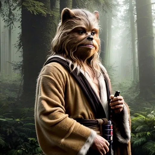 Prompt: Chewbacca in flowing robes, earthy tones, lush forest setting, serene and wise expression, detailed fur with warmth and texture, high quality, earthy tones, lush forest, detailed fur, wise expression, Ewok robes, lightsaber, serene atmosphere