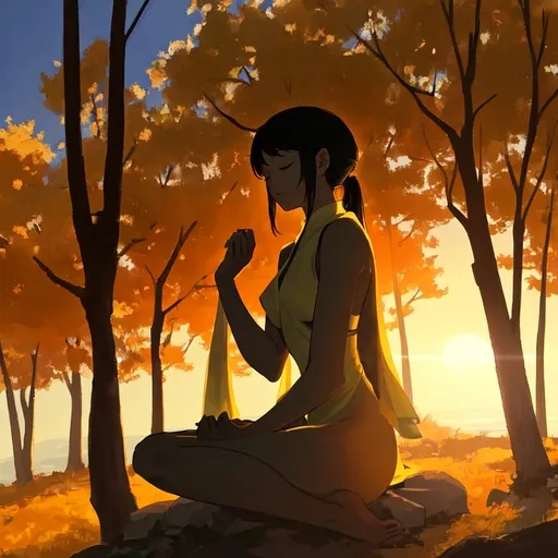 Prompt: The scene is a quiet and meditative landscape. The foliage is gently suede by a light breeze. Time of day is dusk. A sun with a brightly colored sunset, creates the light for the scene. A female figure sit in a meditative pose with eyes closed.
