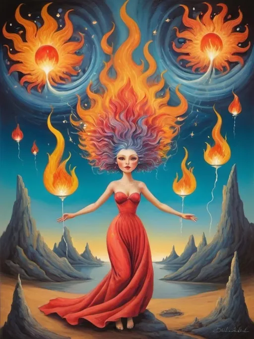 Prompt: Art style of Salvadore Dahli.
 Surrealist art movement. 
A dreamscape of imagination that Evokes a feeling of Trust and self worth. An overall sense of happiness about life. 

A self fanning tiny, inner sparks of possibility into flames of achievement showing a sense of movement and enlightenment. surreal. Fantasy. Bright colors. 
