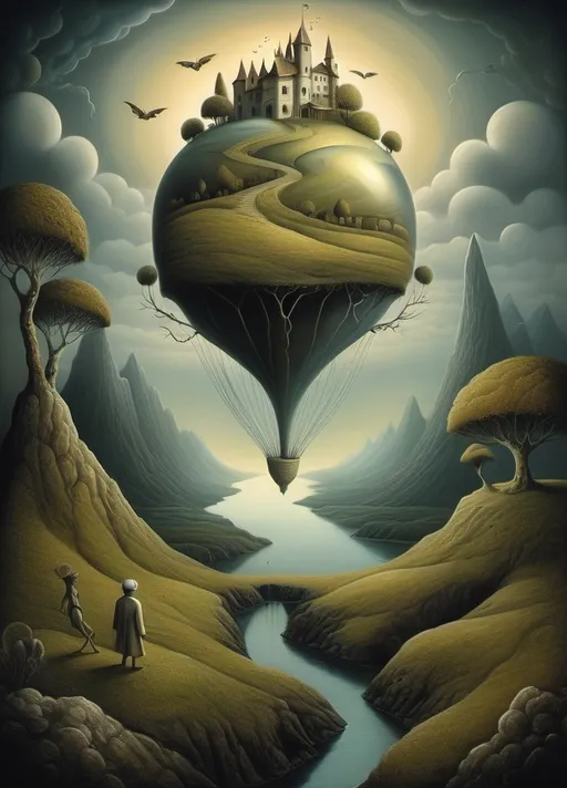 Prompt: Art style of Salvadore Dahli.
 Surrealist art movement. Fantasy. 
A mythical landscape. 
An overall sense of happiness about life. A tiny  man's mind wanders Because it's way too little to be out alone. surreal. Mythological.