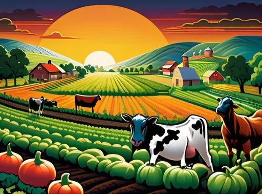 Prompt: Giant computer serves as the background of the Image and displays a sunrise on the black screen. The middle ground.depicts a rolling lush landscape filled with vegetables and crops. In the foreground there are Cows and chickens and goats and horses and sheep graze the growing crops through the hill.  Reminiscent of Old Macdonalds Farm.