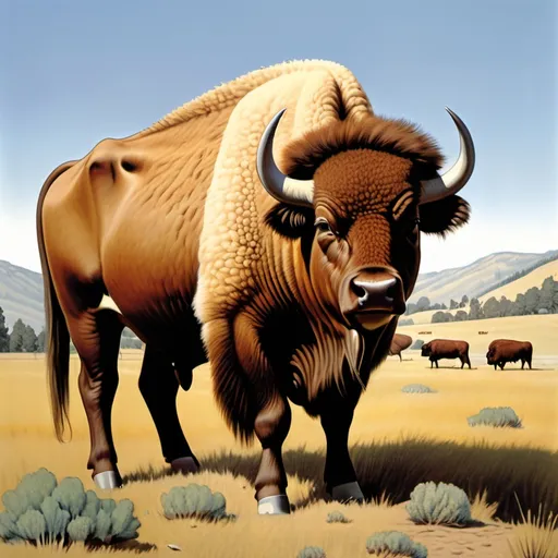 Prompt: A cow-bison hybrid, beefalo set on a California ranch, 1970’s illustration 