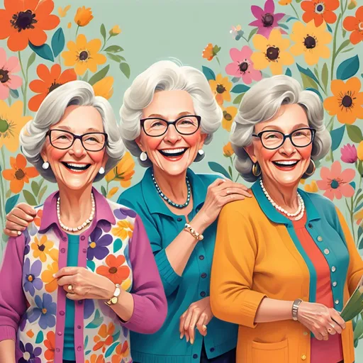 Prompt: A vibrant illustration captures four cheerful older women, radiating warmth and camaraderie. Their expressive faces, adorned with friendly smiles, reflect a sense of joy and nostalgia. The colorful outfits range from patterned blouses to classic cardigans, each adding to the lively atmosphere. Surrounding the group are whimsical floral accents that enhance the playful mood, suggesting a celebration of friendship and shared memories. The overall style is lighthearted, with soft lines and bright colors, evoking a sense of happiness and togetherness.