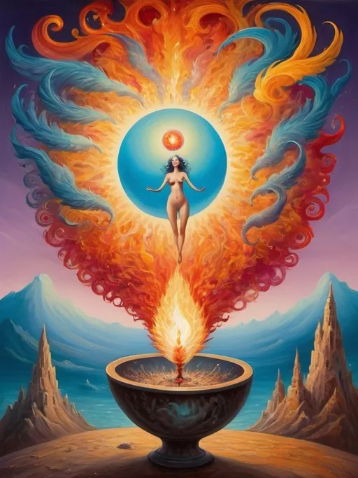 Prompt: Art style of Salvadore Dahli.
 Surrealist art movement. 
A dreamscape of imagination that Evokes a feeling of Trust and self worth. An overall sense of happiness about life. 

A self fanning tiny, inner sparks of possibility into flames of achievement showing a sense of movement and enlightenment. surreal. Fantasy. Bright colors. 