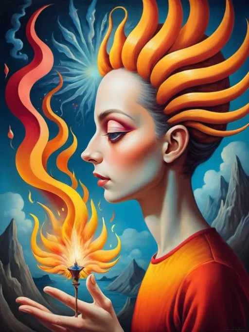 Prompt: Art style of Salvadore Dahli.
 Surrealist art movement. 
A dreamscape of imagination that Evokes a feeling of Trust and self worth. An overall sense of happiness about life. 

A self fanning tiny, inner sparks of possibility into flames of achievement showing a sense of movement and enlightenment. surreal. Fantasy. Bright colors. 