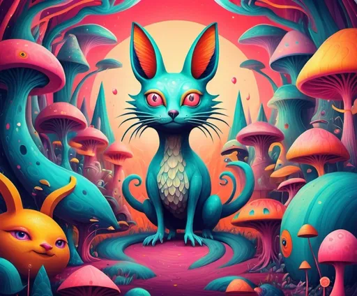 Prompt: Surrealism. Strange and odd vibes. dreamscape wonderland. Mythological and fantasy animal like creatures. Bright happy colors.