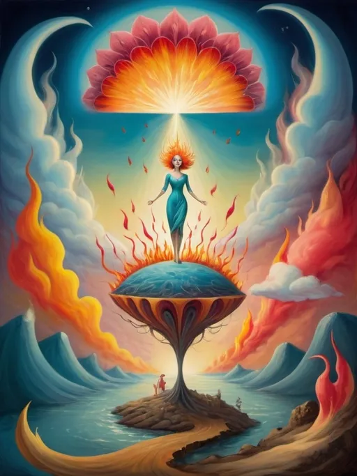 Prompt: Art style of Salvadore Dahli.
 Surrealist art movement. 
A dreamscape of imagination that Evokes a feeling of Trust and self worth. An overall sense of happiness about life. 

A self fanning tiny, inner sparks of possibility into flames of achievement showing a sense of movement and enlightenment. surreal. Fantasy. Bright colors. 