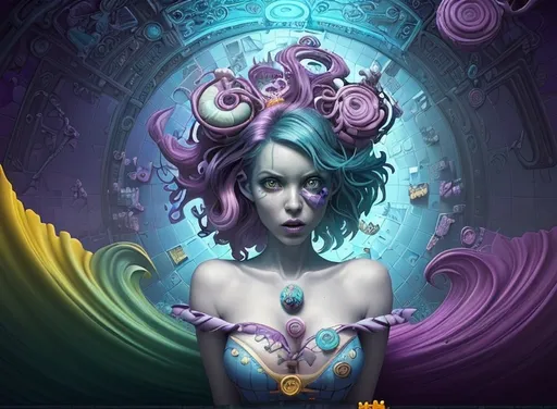 Prompt: cartoony woman with an expression of shock set in a whimsical and imaginative, vibrant colors, high contrast, dreamlike atmosphere, detailed scrabble tiles each, floating tiles, misty background, half-lit ambiance, mystical, cinematic quality, 4K resolution, ultra-detailed visuals, artistic and imaginative, playful and whimsical, eccentric backgrounds, extraordinary elements