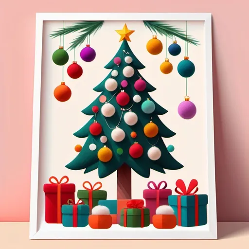 Prompt: Christmas tree lit with white lights and decorated with multicolor ball ornaments stand in the center of the frame surrounded by cute wool felt Christmas presents. Presents wrapped in fuzzy fabric, felt. Christmas. Christmas colors. Anime illustration.