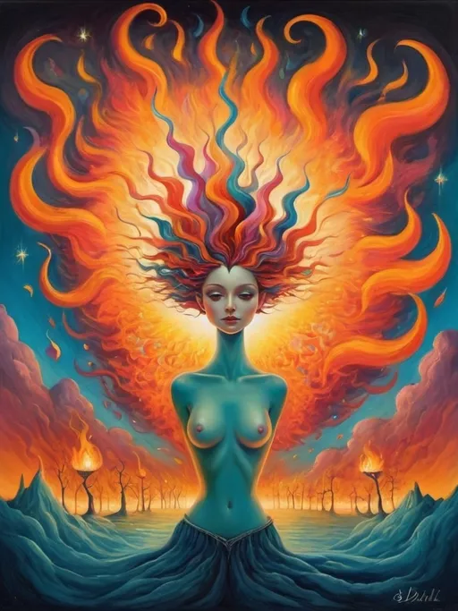 Prompt: Art style of Salvadore Dahli.
 Surrealist art movement. 
A dreamscape of imagination that Evokes a feeling of Trust and self worth. An overall sense of happiness about life. 

A self fanning tiny, inner sparks of possibility into flames of achievement showing a sense of movement and enlightenment. surreal. Fantasy. Bright colors. 