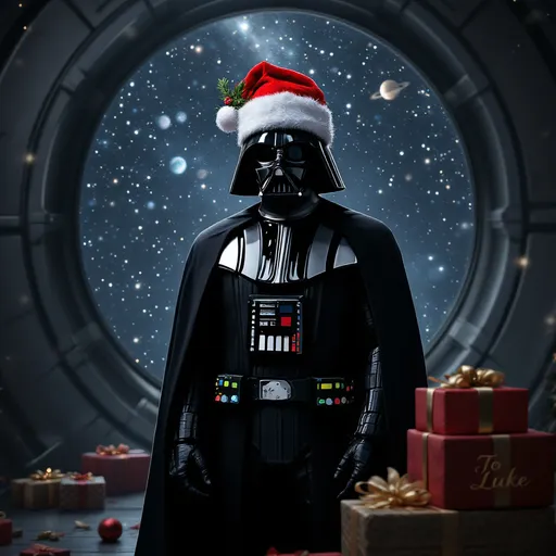 Prompt: Realistic portrait of Darth Vader, capturing his menacing presence and iconic helmet with santa hat. Christmas in space, Christmas presents.