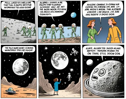 Prompt: Comic strip. Panel 1 depicts People are going to the moon. Panel 2 aliens are coming to Earth. Panel 3 white woman still pushing on a door that says pull.