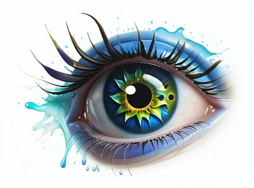 Prompt: Two strikingly stylized eye serves as the central focus, featuring an iris that vividly incorporates an image of the Earth, blending blue and green hues for water and land. The detailed black pupil draws attention, surrounded by a radiant burst of colors resembling a sun's rays, enhancing the eye's impact. Long, delicate eyelashes frame the eye, contrasting with the smooth, white background that accentuates its vivid colors and intricate details. This graphic imagery exudes a sense of depth and metaphor, potentially symbolizing vision, awareness, or a global perspective, inviting viewers to reflect on their connection to the world.