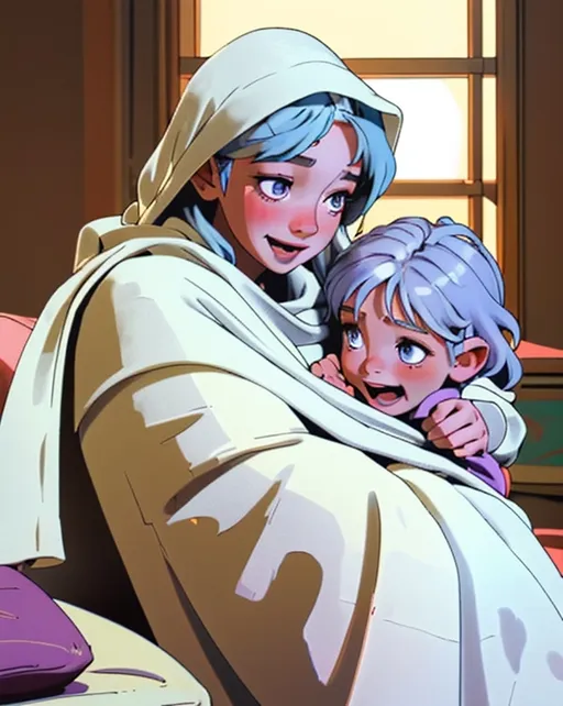 Prompt: Living room, female white child hands a blanket to their mother And she wraps herself in the blanket with happiness, love