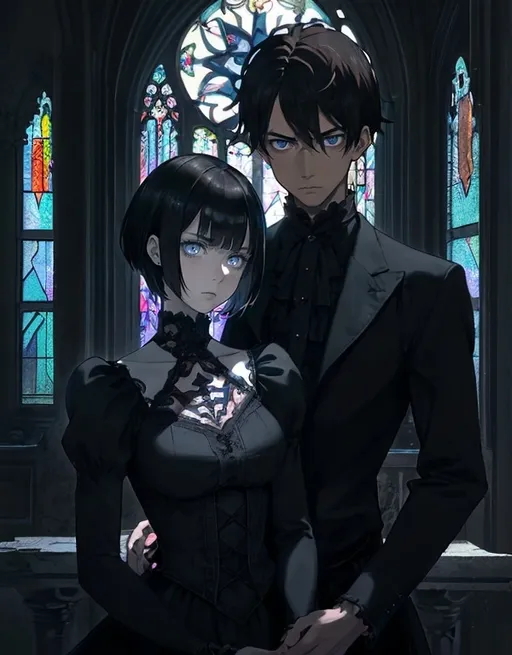 Prompt: A man with short black hair, brown eyes with tan skin and a stubbled chin, clad in a black shirt with a button-down collar, gazes directly into the blue eyes of a woman with asymmetrical brown hair style and pale skin wearing punk style dress. They gaze upon each other with a contemplative, serious and yearning expression. Their attire suggests a formal cathedral. The background reveals cathedral stone walls with harsh Moonlight keeping through broken stained glass windows, characterized by an ornate, patterned room. The composition captures the man and woman’s upper body and face, with a slight tilt of the angle adding depth to the image, creating a mood that feels introspective and slightly intense. The overall color scheme is subdued, dominated by dark tones contrasted by light from moon, enhancing the emotional gravity of the moment. Rococo gothic style. Dark colors.