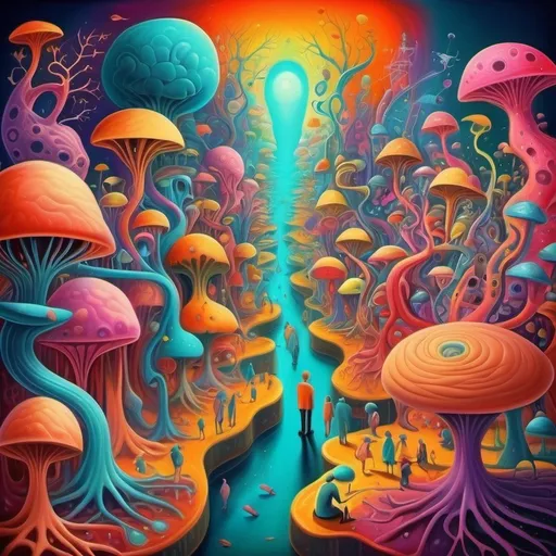 Prompt: A scene with many minds roaming along neuro pathways. Humor. Fantastical dreamscape.  imagination. Bright color scheme. Surrealist art movement. 