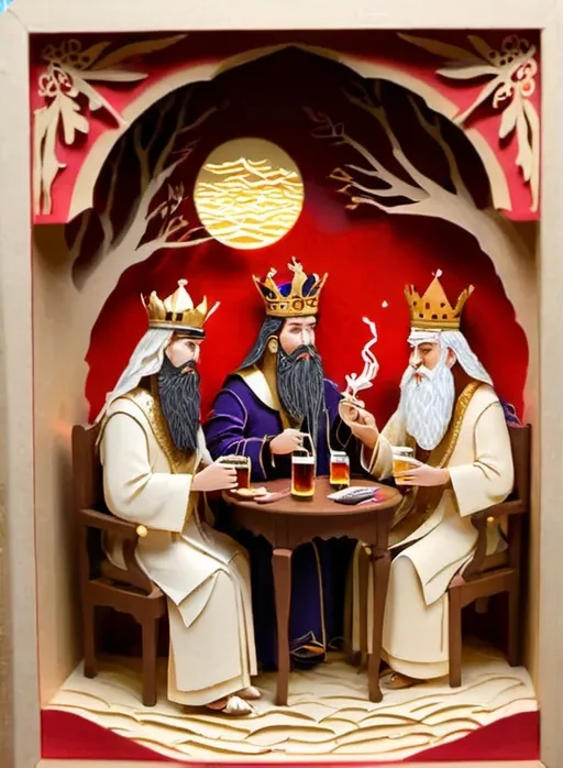 Prompt:  three kings that are smoking cigarette, drinking alcohol and sensuality