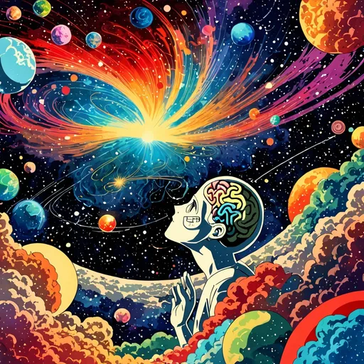 Prompt: anime, illustration, mysterious, Mystery creates wonder and wonder is the basis of man's brain and desire,universe,understanding,bright colors,vintage,colorful
