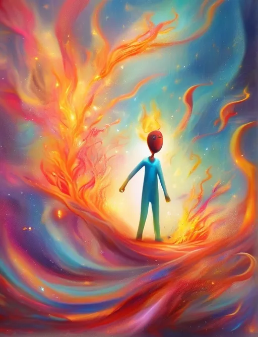 Prompt: Surreal imagination dreamscape. The image Evokes a feeling of Trust and self worth. An overall sense of happiness about life. Anthropomorphic self fanning tiny, inner sparks of possibility into flames of achievement showing a sense of movement and enlightenment. Micro view. Bright  intense hues.