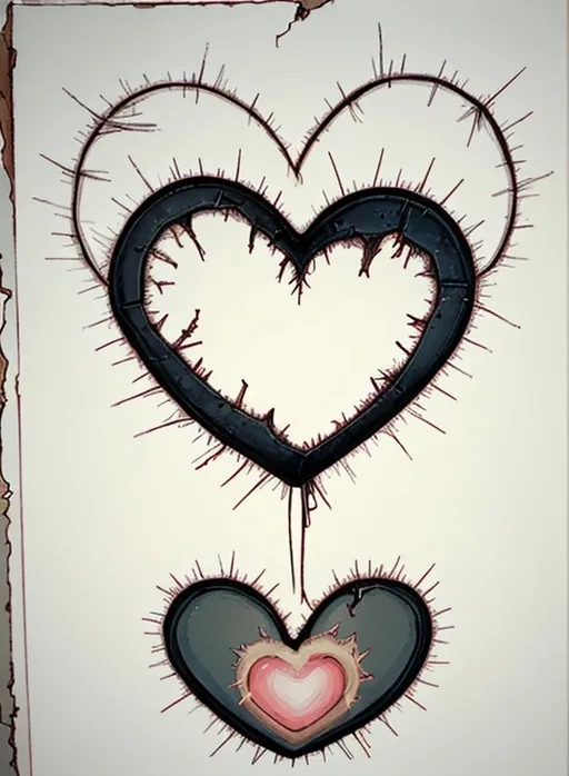 Prompt: Subject is an inanimate heart illustration. The theme of the image evokes Feelings of brokenness and flaws being stitched together with good intentions and love.  Bad but good. Happy but sad. Flat background 
