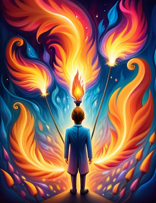 Prompt: Surreal imagination dreamscape. The image Evokes a feeling of Trust and self worth. An overall sense of happiness about life. Anthropomorphic self fanning tiny, inner sparks of possibility into flames of achievement denoting, a sense of movement and enlightenment. Bright  intense hues.