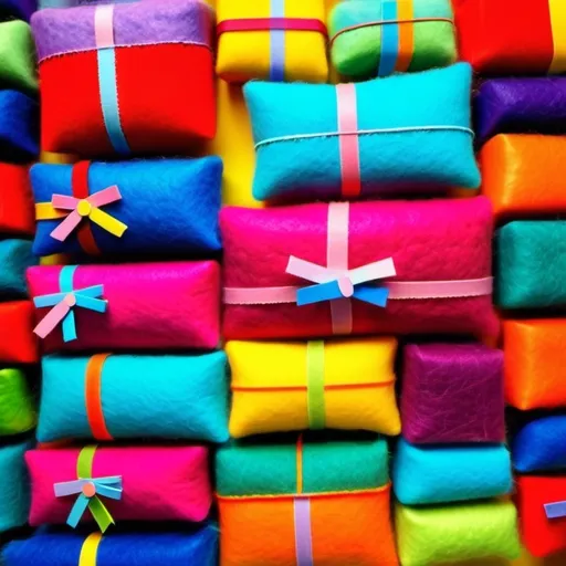 Prompt: Wool felt birthday presents wrapped in fuzzy fabric, felt. Birthday party. Bright colors.