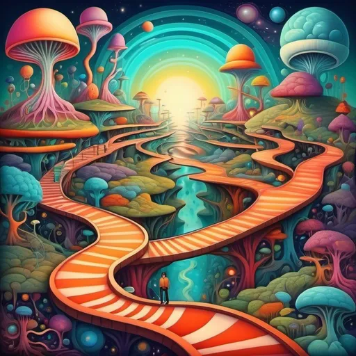 Prompt: An imaginative landscape with many pathways leading to a central knowledge source. The paths are littered with many minds roaming along neuro pathways. Humor. Fantastical dreamscape.  imagination. Bright color scheme. Surrealist art movement. 