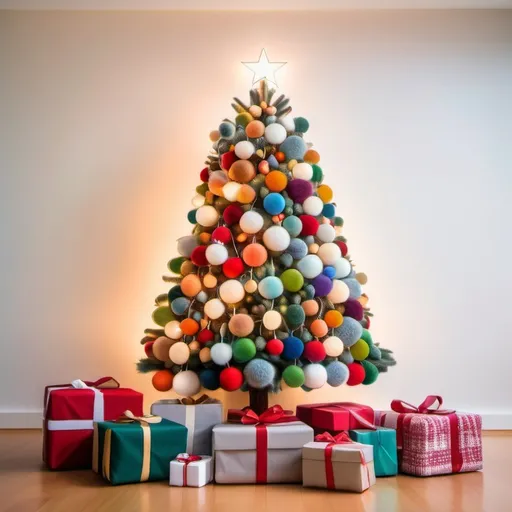 Prompt: Christmas tree lit with white lights and decorated with multicolor ball ornaments stand in the center of the frame surrounded by cute wool felt Christmas presents. Presents wrapped in fuzzy fabric, felt. Christmas. Christmas colors. 