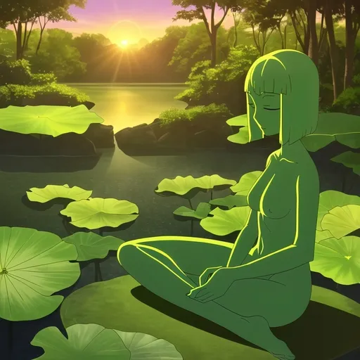 Prompt: The scene is a quiet and meditative landscape. The foliage is gently suede by a light breeze. Time of day is dusk. A sun with a brightly colored sunset, creates the light for the scene. And anthropomorphic figure sit in the lotus position.