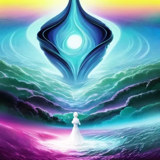 Prompt: A white female woman attempts the impossible and the absurd. Ebb and flow vibes. Bright colors. Illusionary 