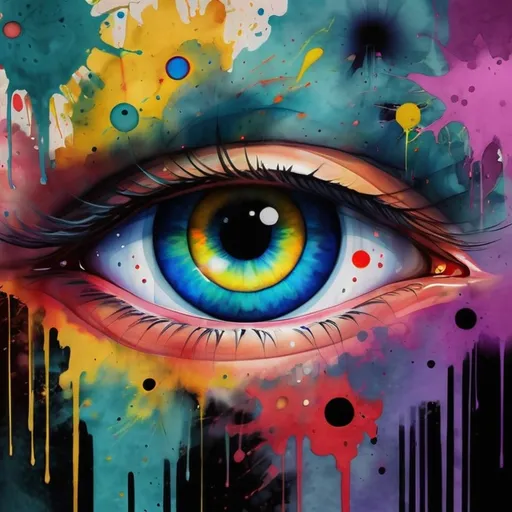 Prompt: digital watercolor painting, two eyes look into frame, Ewing, a changing world, paint splatter, bright colors bold brush strokes, art nouveau