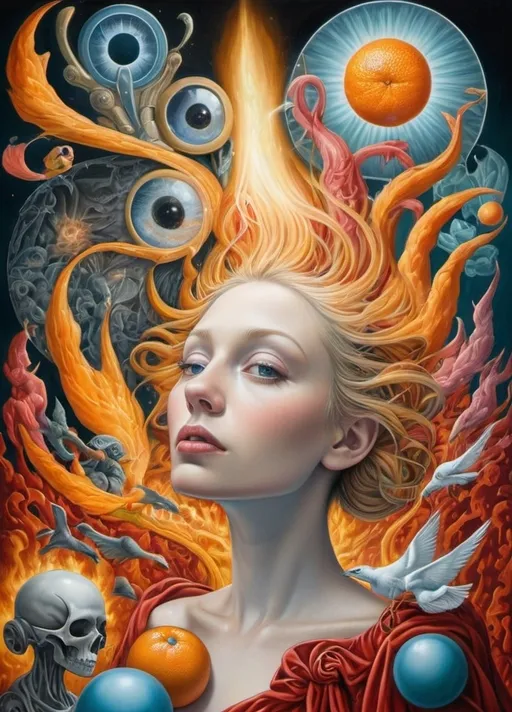 Prompt: Art style of Laurie Lipton, Carrie Ann Baade.
Surrealist neo-surrealism, modern surrealism, art movement. 
Fantasy.
A dreamscape of imagination that Evokes a feeling of Trust and self worth. An overall sense of happiness about life. 
A self emmits tiny, inner sparks of possibility into flames of achievement showing a sense of movement and enlightenment. surreal. Fantasy. Bright colors (oranges, yellows, reds, teals, blues, white, pink, bright green.)