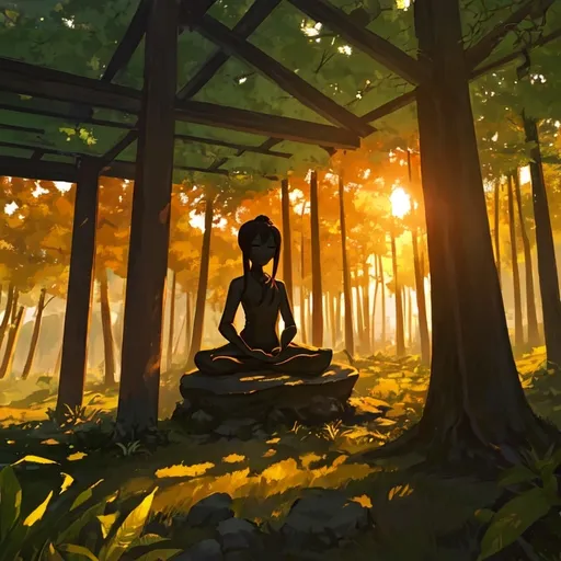 Prompt: The scene is a quiet and meditative landscape. The foliage is gently suede by a light breeze. Time of day is dusk. A sun with a brightly colored sunset, creates the light for the scene. A female figure sit in a meditative pose with eyes closed.
