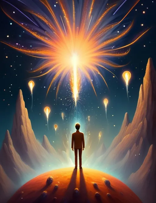 Prompt: Surreal imagination spacescape. Evokes a feeling of Trust and self worth. An overall sense of happiness about life. Anthropomorphic self fanning tiny, inner sparks of possibility into flames of achievement.