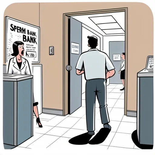 Prompt: Man walking into a Sperm bank with a receptionist yelling. Cartoon