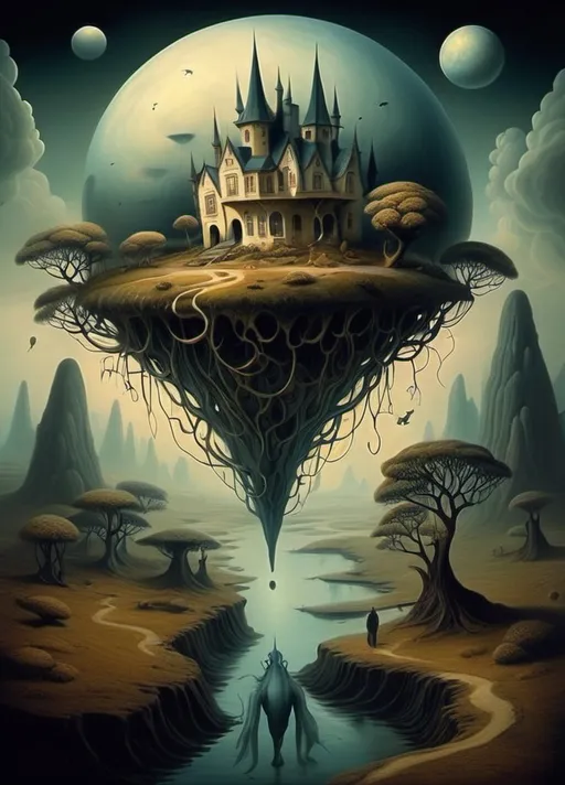 Prompt: Art style of Salvadore Dahli.
 Surrealist art movement. Fantasy. 
A mythical landscape. 
Brains wanders Because it's way too little to be out alone. surreal. Mythological. Dreamscape.