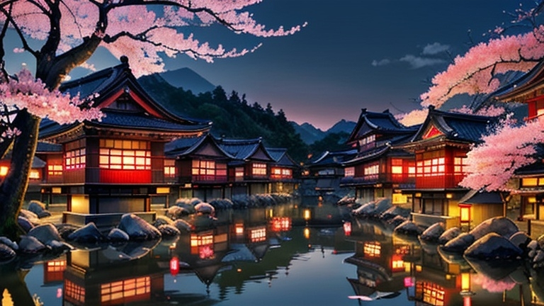 Prompt: Realistic, traditional japanese village at sunset, cherry blossom, detailed architecture, serene atmosphere, high quality, traditional, village, sunset scene, cherry blossom, detailed buildings, serene, realistic, atmospheric lighting, peaceful, traditional Chinese, warm tones