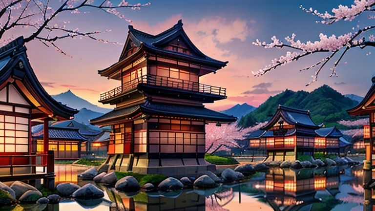 Prompt: Realistic, traditional japanese village at sunset, cherry blossom, detailed architecture, serene atmosphere, high quality, traditional, village, sunset scene, cherry blossom, detailed buildings, serene, realistic, atmospheric lighting, peaceful, traditional Chinese, warm tones