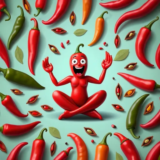 Prompt: Spices in background, cartoon chilli pepper meditating.