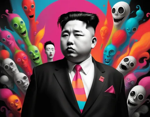 Prompt: Tim Burton style, Black and white with Vibrant colors. Future vibes. Kim Jong-Un. nuclear weapons