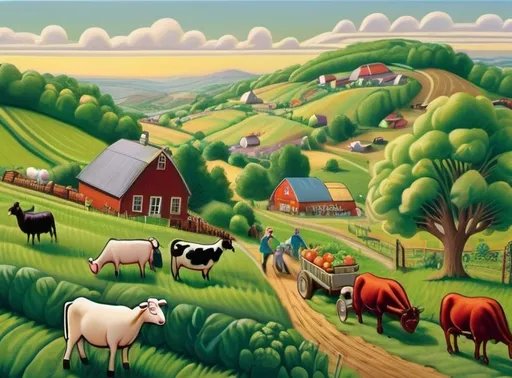 Prompt: Image depicts a rolling lush landscape filled with vegetables and crops. Cows, chickens, goats, horses, and a sheep graze the growing crops through the hill. Old Macdonalds Farm