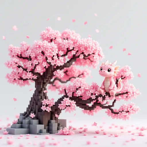 Prompt: voxel 3d render, blocks, sakura tree with falling leaves. a cute pink dragon sits on a of the branches