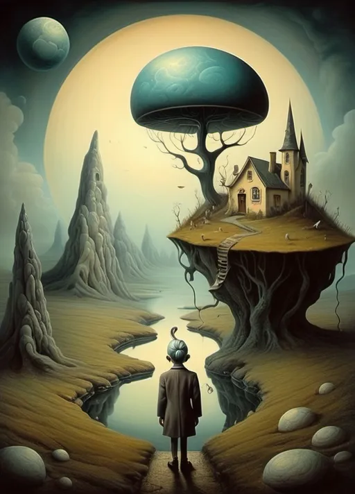 Prompt: Art style of Salvadore Dahli.
 Surrealist art movement. Fantasy. 
A mythical landscape. 
An overall sense of happiness about life. A tiny  man's mind wanders Because it's way too little to be out alone. surreal. Mythological.